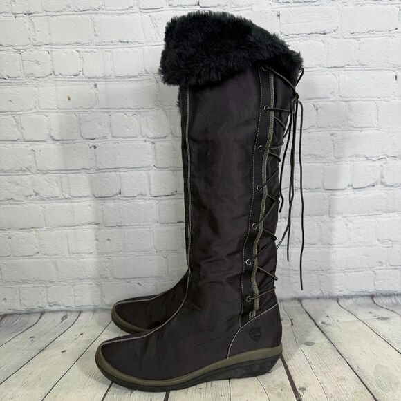 Timberland Knee High Boots Women's Size 9 1/2 M Canvas Faux Fur Waterproof Lace - Picture 6 of 16